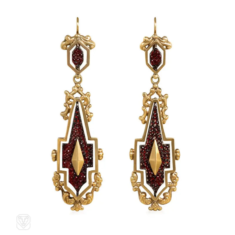 Antique Day - To - Night Gold Garnet And Steel Earrings