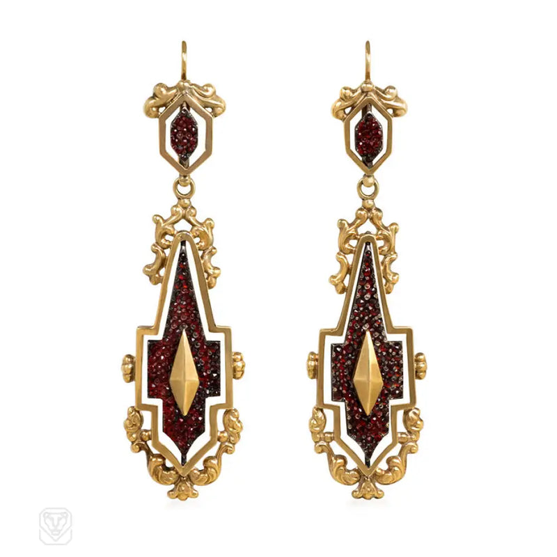 Antique Day - To - Night Gold Garnet And Steel Earrings