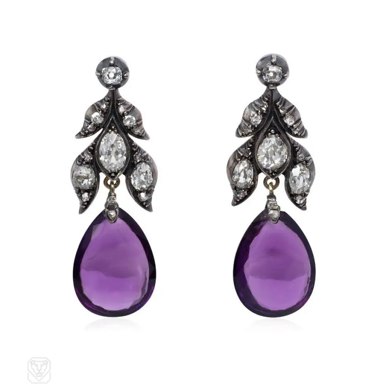 Antique Diamond And Amethyst Drop Earrings