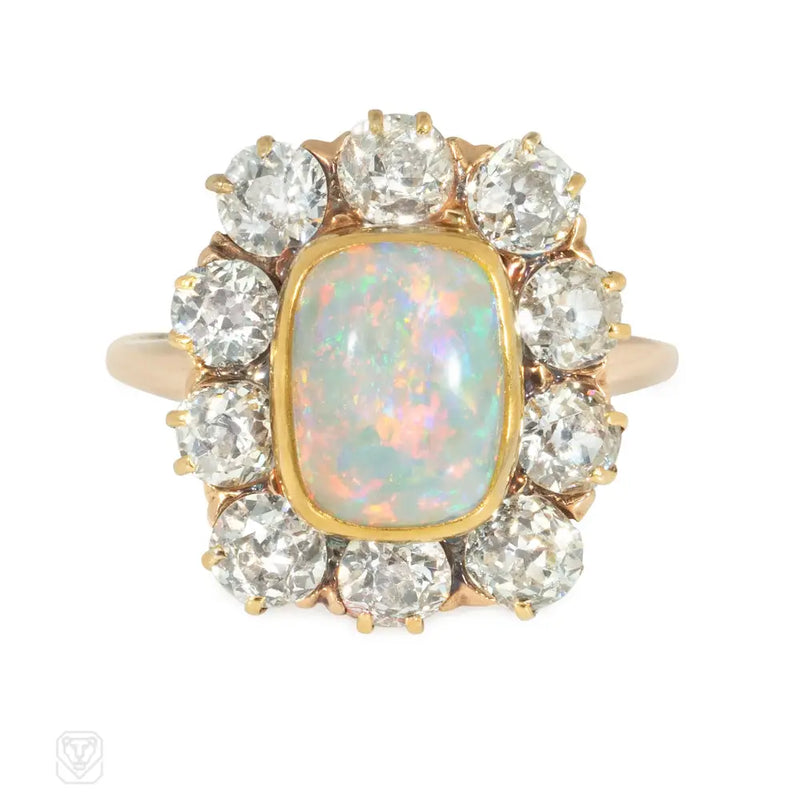 Antique diamond and cushion cabochon opal cluster ring