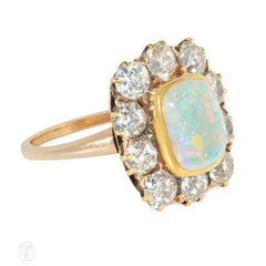 Antique diamond and cushion cabochon opal cluster ring