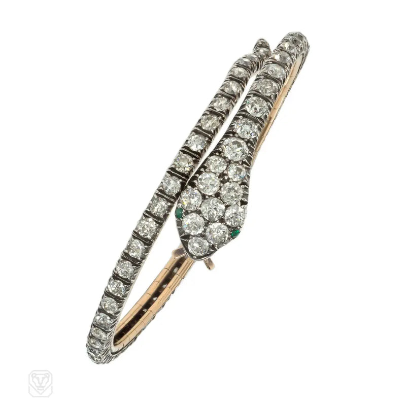 Antique diamond and emerald articulated coiled serpent bracelet