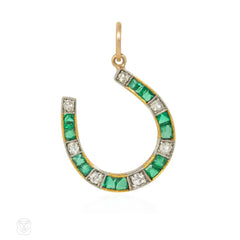 Antique diamond and emerald horseshoe charm