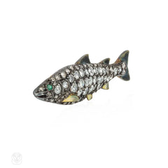 Antique diamond and enamel fish brooch