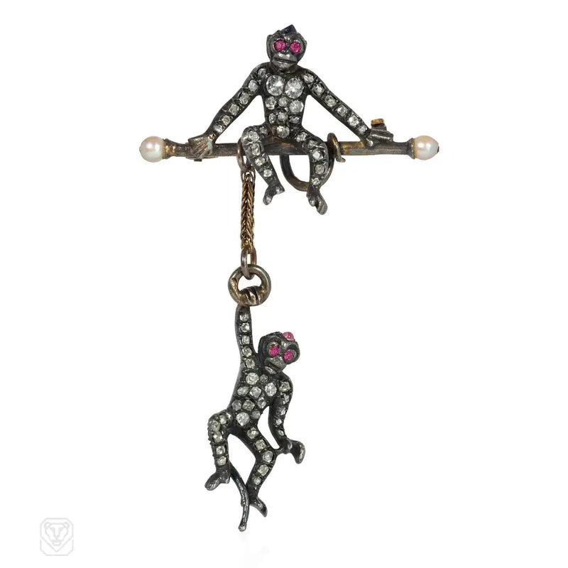Antique Diamond And Gem Monkey Brooch