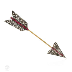 Antique diamond and ruby arrow jabot brooch