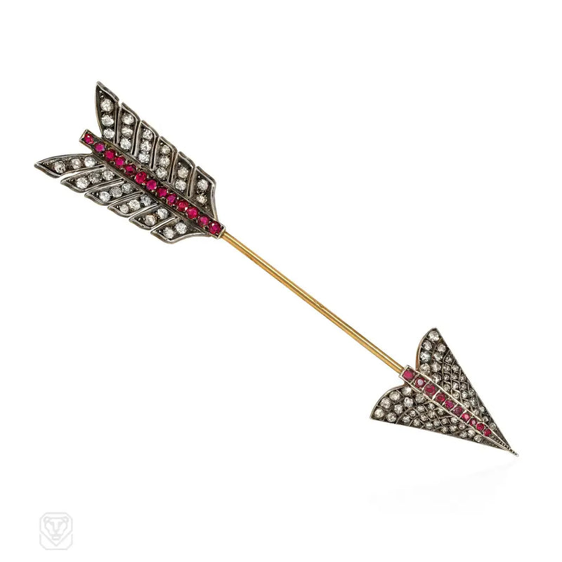 Antique Diamond And Ruby Arrow Jabot Brooch