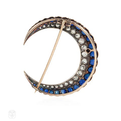 Antique diamond and sapphire crescent brooch