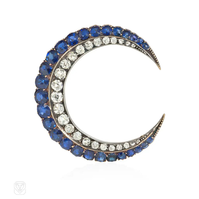 Antique Diamond And Sapphire Crescent Brooch