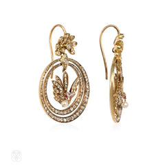 Antique diamond hoop and bird earrings, France.