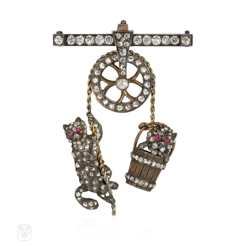 Antique Diamond Pulley Brooch Depicting A Cat And Dog In Bucket