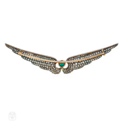 Antique double wing enamel, diamond and emerald brooch