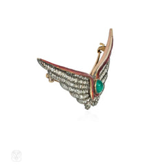 Antique double wing enamel, diamond and emerald brooch