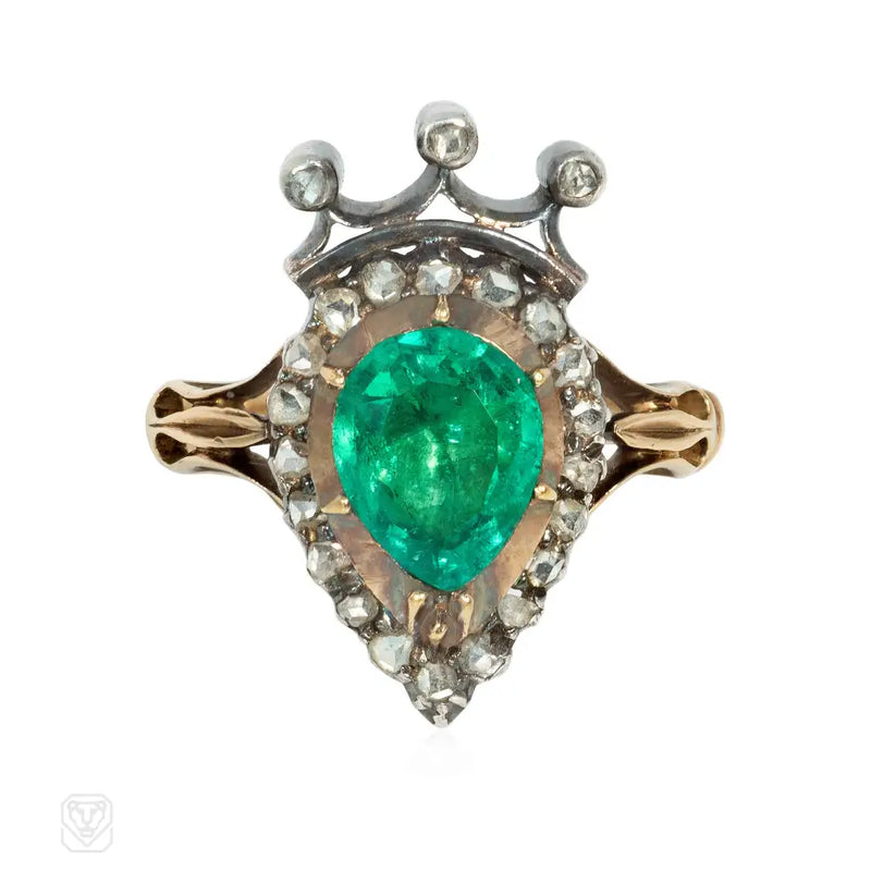 Antique emerald and diamond crowned heart ring