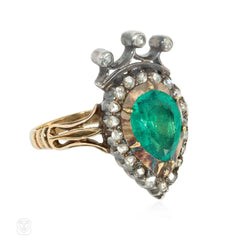 Antique emerald and diamond crowned heart ring