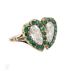 Antique emerald and diamond hearts ring