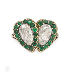 Antique emerald and diamond hearts ring