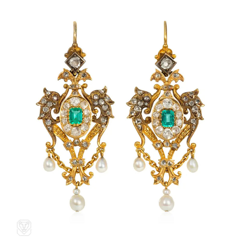 Antique Emerald Pearl And Diamond Griffin Earrings