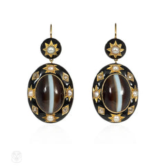 Antique enamel and banded agate pendant earrings