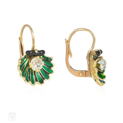 Antique enamel and diamond sea shell earrings