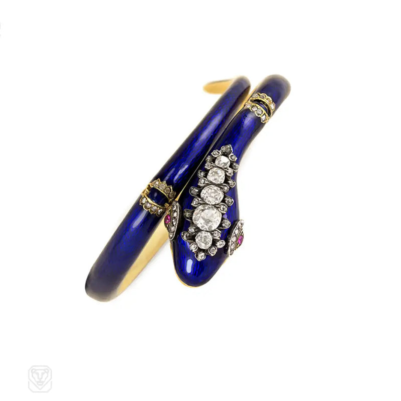 Antique Enamel And Diamond Serpent Bracelet