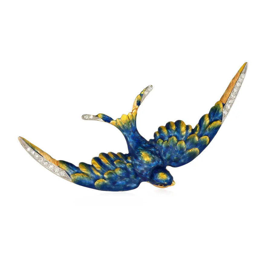 Antique enamel and diamond swallow brooch