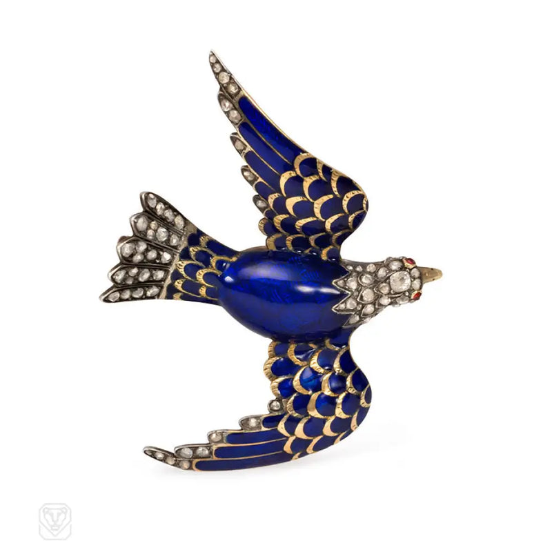 Antique Enamel And Diamond Swallow Brooch Or Pendant France