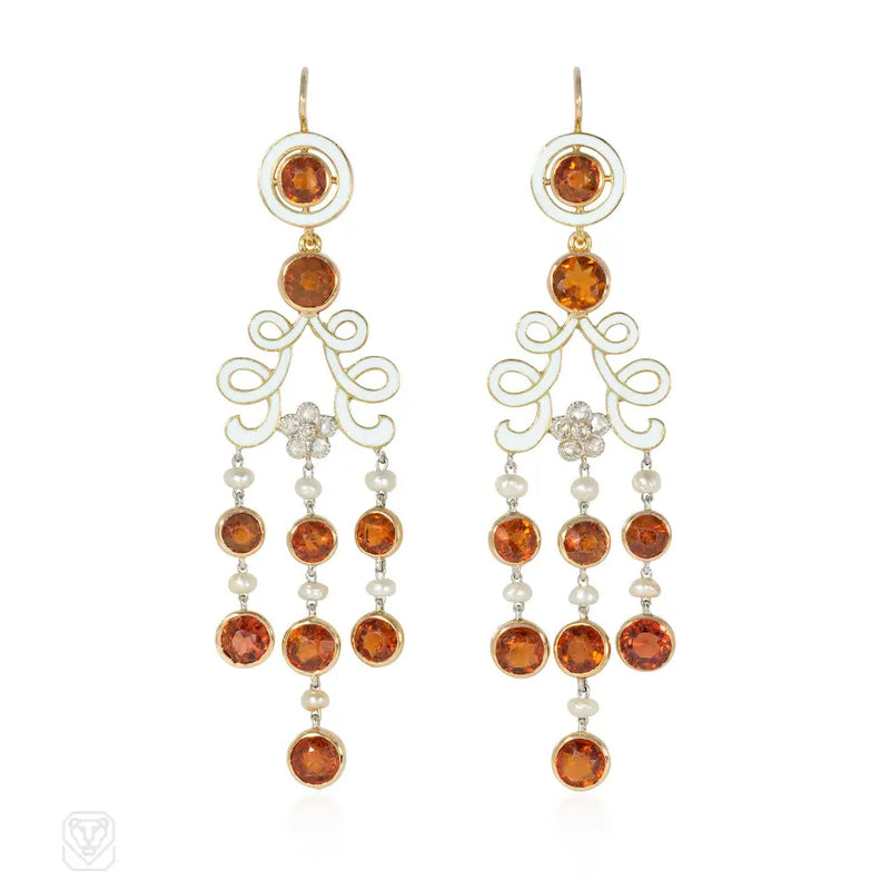 Antique Enamel Garnet Pearl And Diamond Earrings