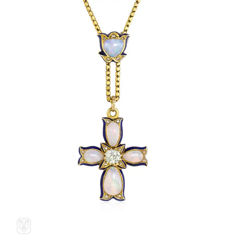 Antique Enamel Opal And Diamond Pendant