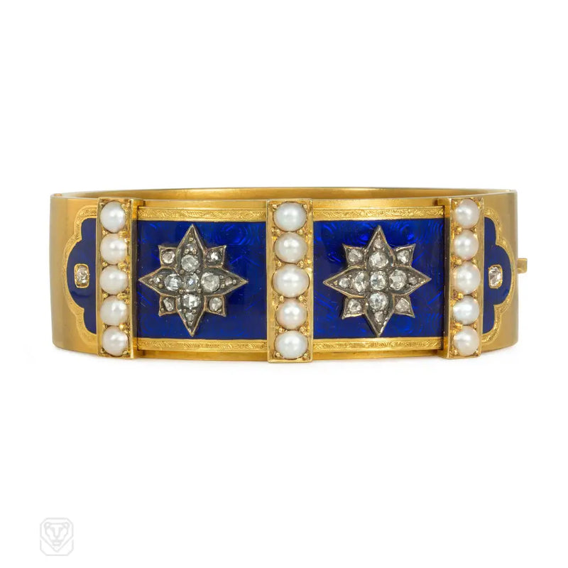 Antique Enamel Pearl And Diamond Cuff Bracelet
