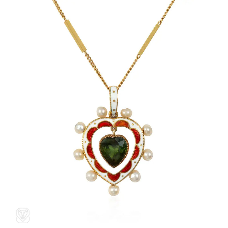 Antique enamel pearl and tourmaline pendant