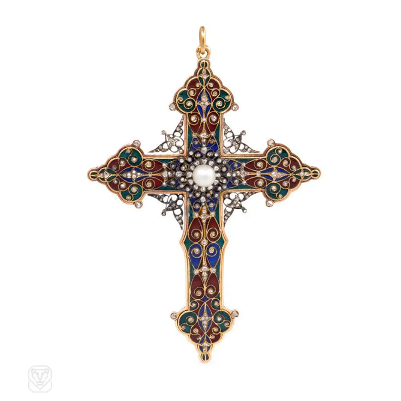 Antique Enamel Rose Diamond And Pearl Cross Pendant