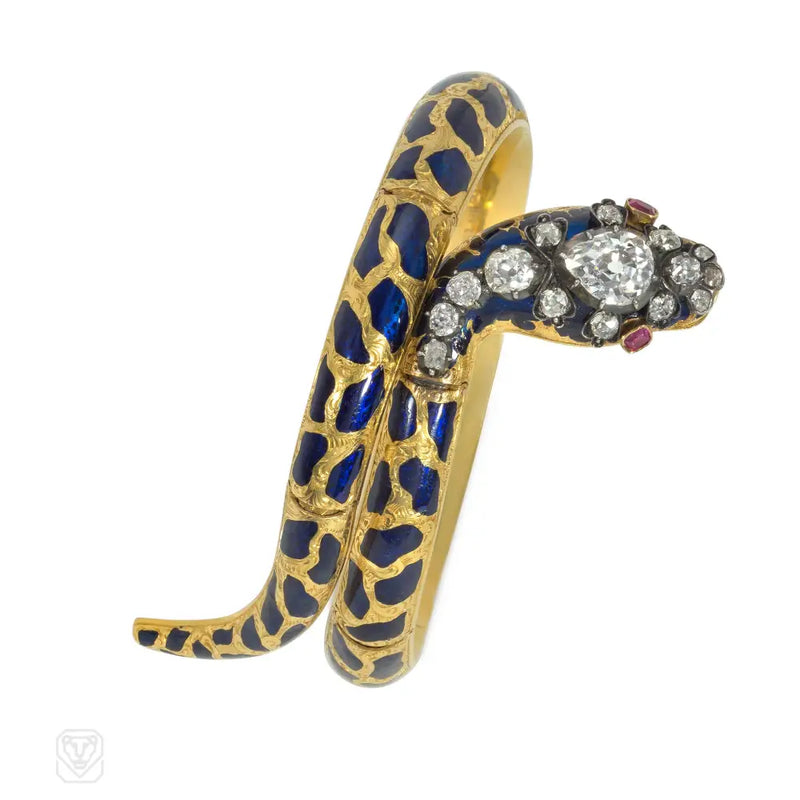 Antique Enamel Ruby And Diamond Snake Bracelet