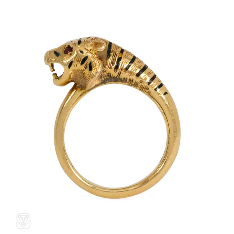 Antique English Gold Ruby And Enamel Tiger Ring
