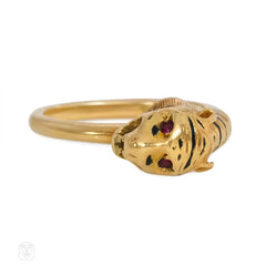 Antique English gold, ruby, and enamel tiger ring