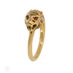 Antique English gold, ruby, and enamel tiger ring