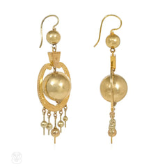 Antique engraved floral frame and ball pendant earrings