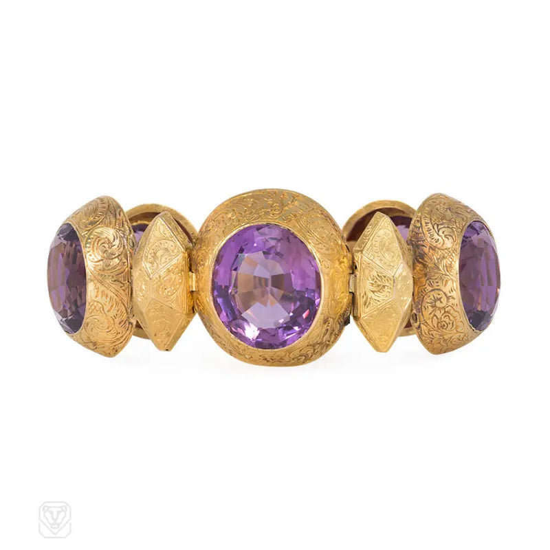 Antique Engraved Gold And Cushion - Cut Amethyst Bracelet