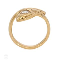 Antique engraved gold and diamond snake ring, France