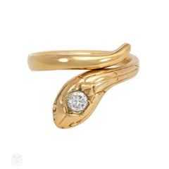 Antique engraved gold and diamond snake ring, France