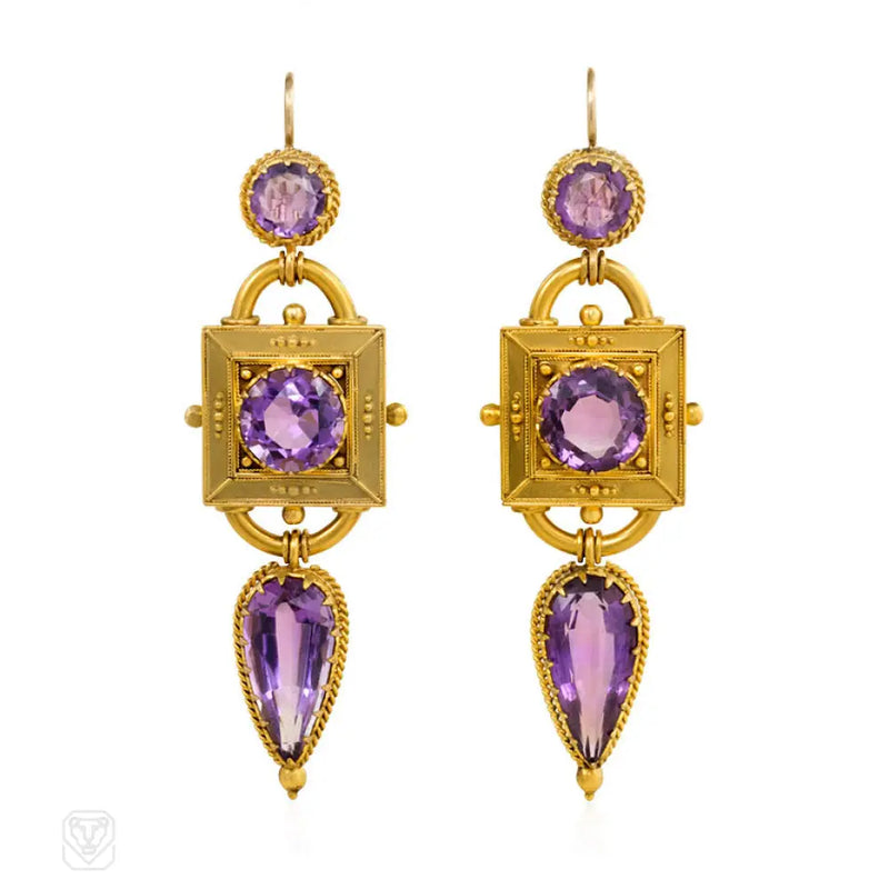 Antique Etruscan Revival Gold And Amethyst Earrings