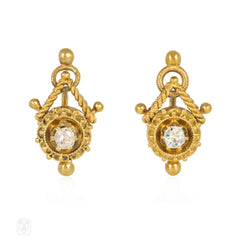 Antique Etruscan Revival gold and diamond granulated dome earrings