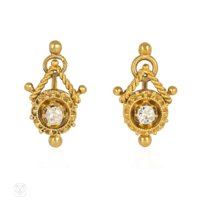 Antique Etruscan Revival Gold And Diamond Granulated Dome Earrings