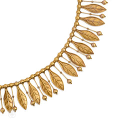 Antique Etruscan Revival gold fringe necklace with leaves