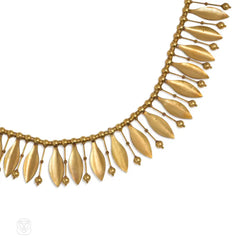 Antique Etruscan Revival gold fringe necklace with leaves