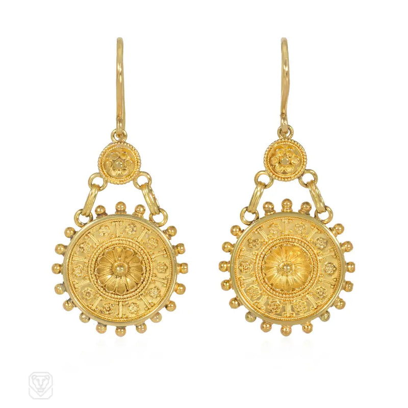 Antique etruscan style gold disc pendant earrings in 18k.