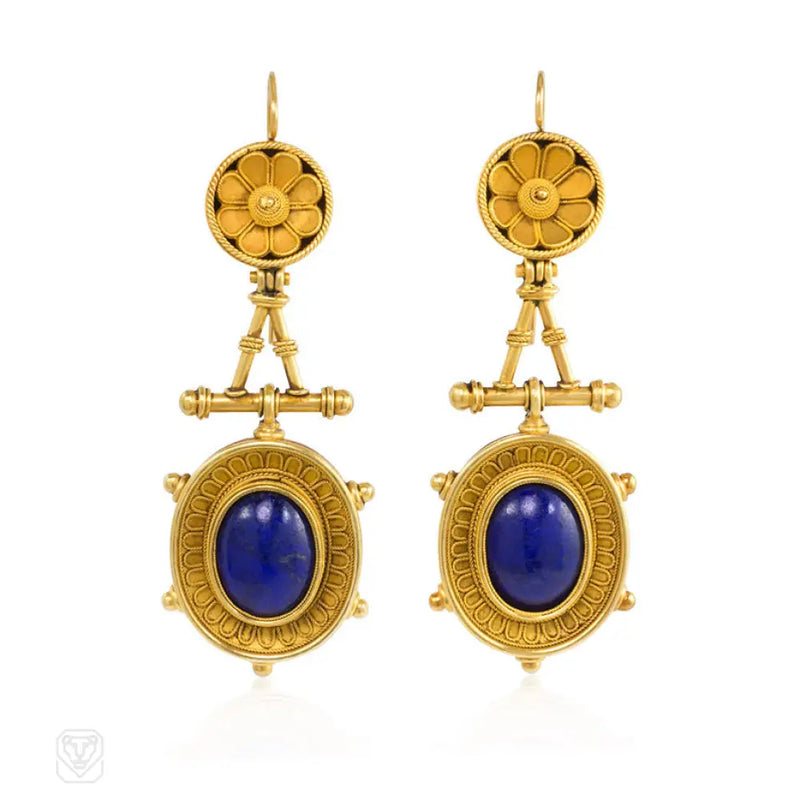 Antique Etruscan Style Lapis Earrings.