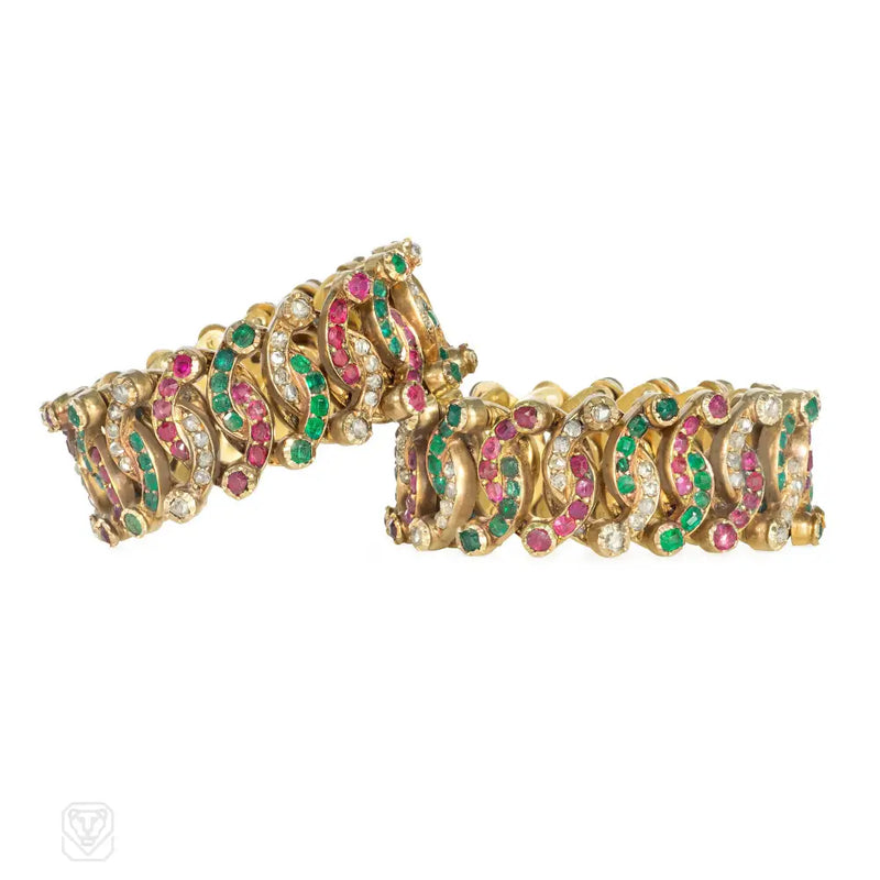 Antique Expandable Multi - Gem Gold Bracelets