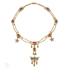 Antique foiled citirine and enamel pendant necklace
