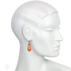 Antique French coral and pearl fringe pendant earrings